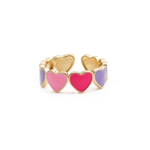 Macro shot of colorful enamel hearts on a golden adjustable open ring for women