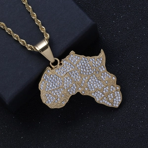 Hip-hop Africa map pendant necklace in gold finish with sparkling white rhinestones