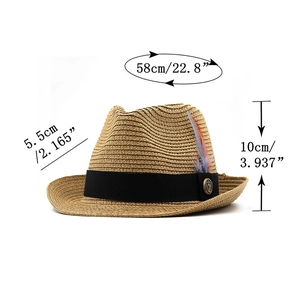 Straw fedora sun hat with black band and feather decoration showing product dimensions