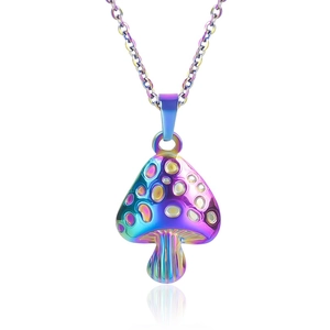 Macro detail of rainbow plated stainless steel mushroom pendant with mirror reflection