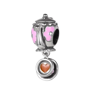 Detail of S925 silver teapot and teacup charm with pink enamel flowers and heart pattern