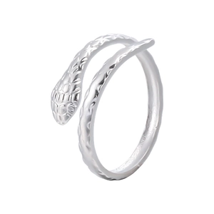 Adjustable silver snake wrap ring in stainless steel with detailed scale texture