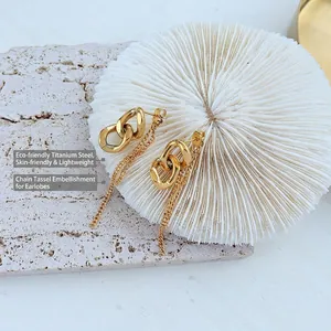 Titanium Steel Tassel Dangle Earrings 18K Gold Plated Double Interlocking Rings Chain Fringe Minimalist Drop Jewelry Women