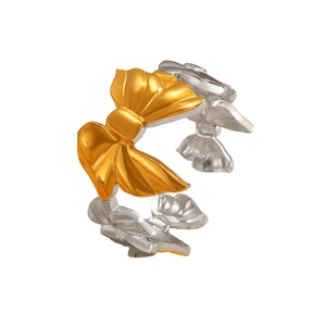 Adjustable two-tone stainless steel bow ring with elegant gold and silver ribbon design