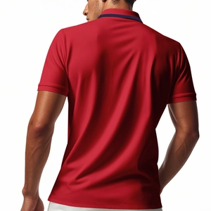 Back view of a red quick-dry polo shirt with blue collar trim on a male model