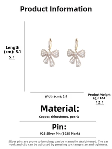 Dettaglio orecchini a fiocco con dimensioni 5,1x2,9cm e specifiche perno in argento S925