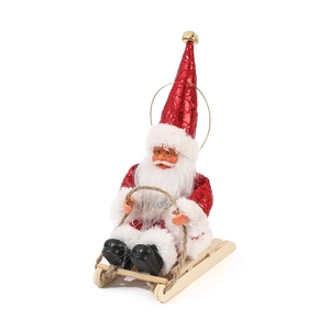 Christmas Santa Claus on wooden sled figurine with red sequins and white plush trim