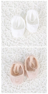 Detail of baby lace boat socks in white and pink with elastic straps and cotton mesh texture
