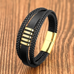 Men Multilayer Leather Bracelet Braided Cord Stainless Steel Magnetic Clasp Vintage Punk Style Wristband