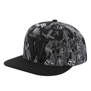 Stylish hip-hop flat-brim cap with 3D 'W' embroidery and graffiti print pattern.