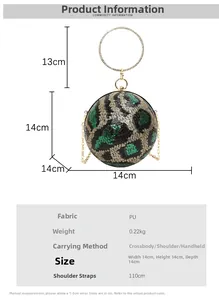 Detailed size chart for spherical sequin evening bag showing 14cm dimensions and PU fabric