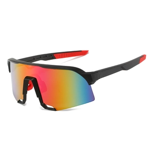 Detail view of square frame cycling sunglasses with rainbow tinted lenses and non-slip arms