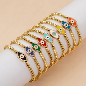 Handmade Evil Eye beaded bracelets with 4mm gold beads and colorful enamel charms