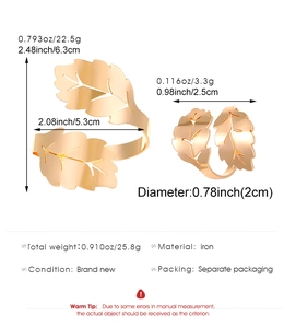 Detailed view of golden leaf cuff and ring set with dimensions and iron material specs