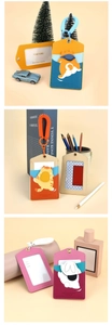 Detailed view of colorful PU leather cartoon animal luggage tags with spring lanyards