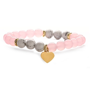 Agate beaded bracelet with pink crystal beads and a golden heart pendant on white background