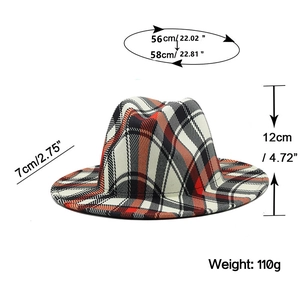 British style red plaid fedora hat with 7cm wide brim and 56-58cm adjustable head size