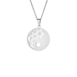 Silver stainless steel Tai Chi Bagua pendant necklace featuring Flower of Life design