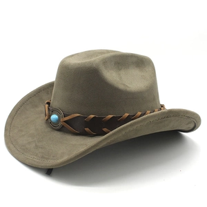 Classic tan suede western cowboy hat with braided leather band and turquoise stone accent