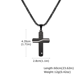 Detailed size chart for black cracked cross pendant necklace with box chain dimensions