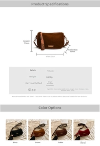 Size chart and color options for matte PU leather crossbody bag with dimensions