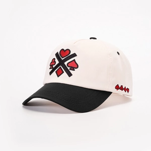 Adjustable baseball cap with cross-arranged poker suit embroidery in beige and black