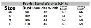 Size chart for fleece patchwork jacket featuring detailed measurements from XS to L