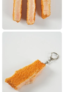Macro detail of realistic fried chicken cutlet keychain with golden breaded texture