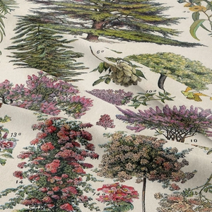 Close-up of woven fabric featuring vintage botanical illustrations with floral patterns