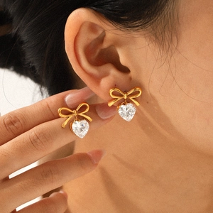 Bowknot Heart Drop Earrings Stainless Steel Gold Plated Cubic Zirconia Elegant Trendy Jewelry For Women Daily Wear