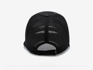 Detail view of the breathable mesh back and adjustable buckle strap on black baseball cap