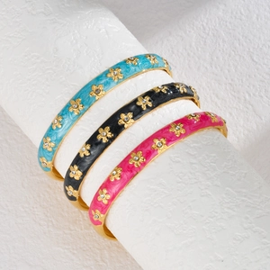 Flower Enamel Open Bangle Stainless Steel Gold Plated Rhinestone C-Shaped Cuff Bracelet Elegant Jewelry For Women