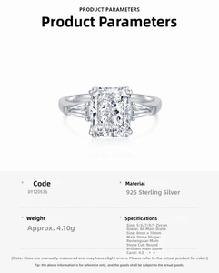 Anillo de plata de ley 925 con circón de corte radiant y parámetros detallados.