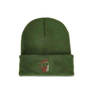 Detail view of military green knit beanie with embroidered skull and halo design