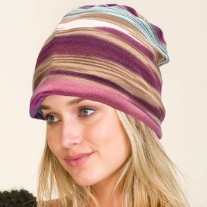 Colorful striped knit slouchy beanie for women in purple, brown and blue stripes