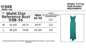 Size guide with bust, waist and hip measurements for this ruched backless maxi dress