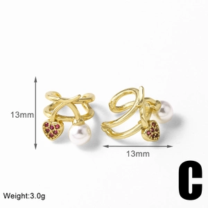 Detail of 18k gold plated ear cuff with heart stone and pearl charms 13mm size