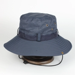 Deep blue waterproof outdoor sun hat with wide brim, ventilation holes and wind cord