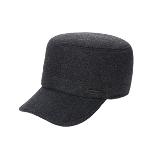 Classic dark grey wool military flat top cap for men with side metal badge detail
