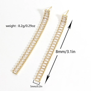 Elegant long gold zircon tassel earrings with sleek rectangular stones and 3.1-inch drop