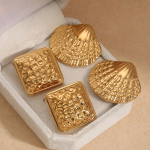 Golden titanium steel square hammered texture and shell earrings in a gift box