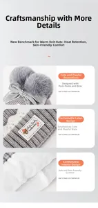 Detail of baby knit hat with gray faux fur pompom, velvet bow and warm fleece lining