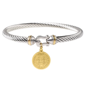 Saint Benedict medal two-tone cable bracelet with 18K gold and silver finish accents