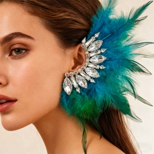 Feather Rhinestone Ear Cuff Earring Fairy Bohemian Style With 925 Sterling Silver Earring Post Women Jewelry Accessory