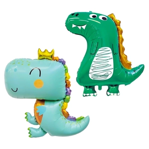 Close-up detail of green and blue cartoon dinosaur shaped foil balloons for parties