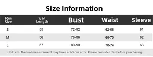 Size chart showing length, bust, and waist measurements for striped long sleeve t-shirt