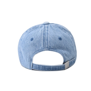 Detail of washed light blue denim baseball cap with adjustable metal buckle on back