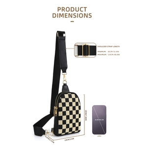 Tableau des tailles du sac à damier avec comparaison de taille iPhone 15 Pro