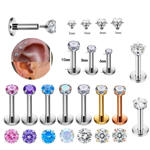 Flat back stainless steel labret studs with colorful zircons in multiple sizes and finishes