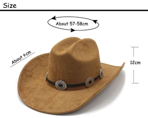 Brown faux suede cowboy hat showing 57-58cm circumference and 9cm brim measurements